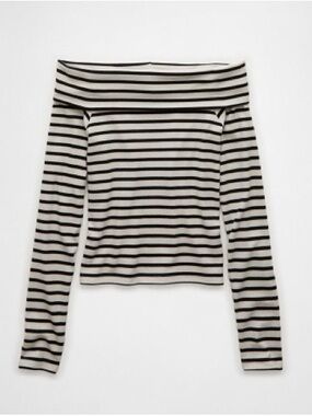 American Eagle Outfitters Black Stripe Off-The-Shoulder Long-Sleeve Top